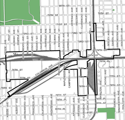 Greater Southwest Industrial (East) TIF district, roughly bounded on the north by 71st Street, 79th Street on the south, Winchester Avenue on the east, and Kedzie Avenue on the west.